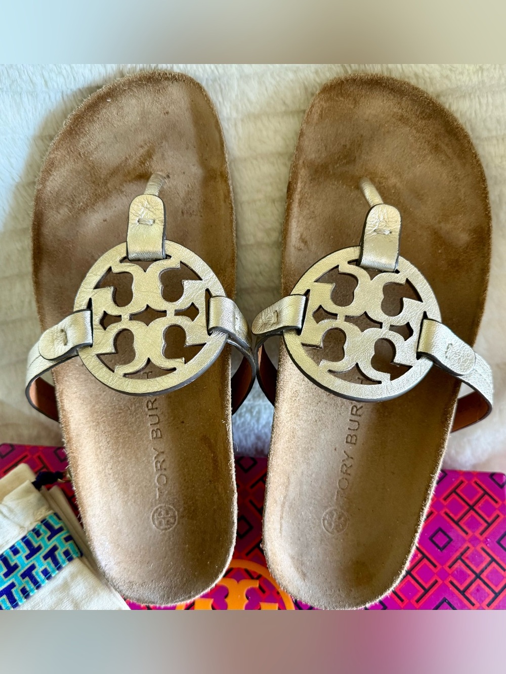 Tory Burch Miller Cloud Sandal Metallic Gold Leather “T”  Logo, Sz 6.5